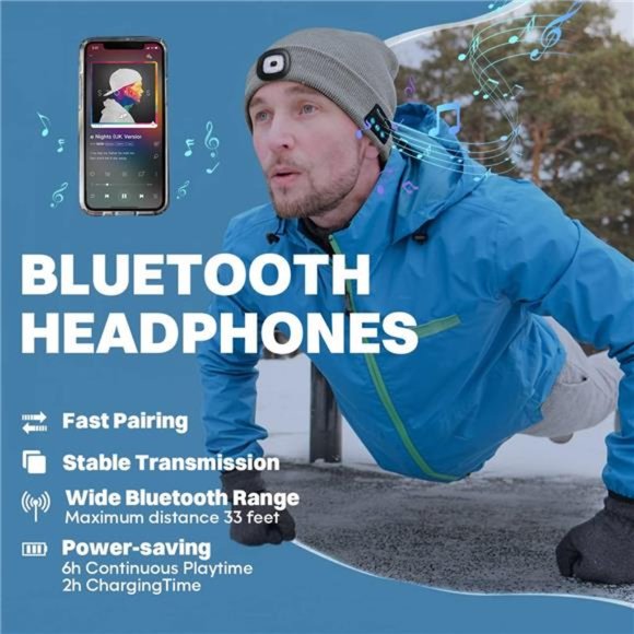 Bluetooth Beanie Hat with Light,Headlamp Cap with Headphones & Built-in Speaker - Picture 2 of 6
